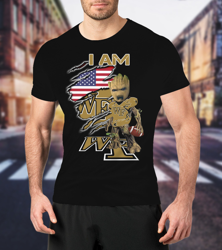 I Am Wf Wake Forest Baby Groot American Flag Football T-Shirt