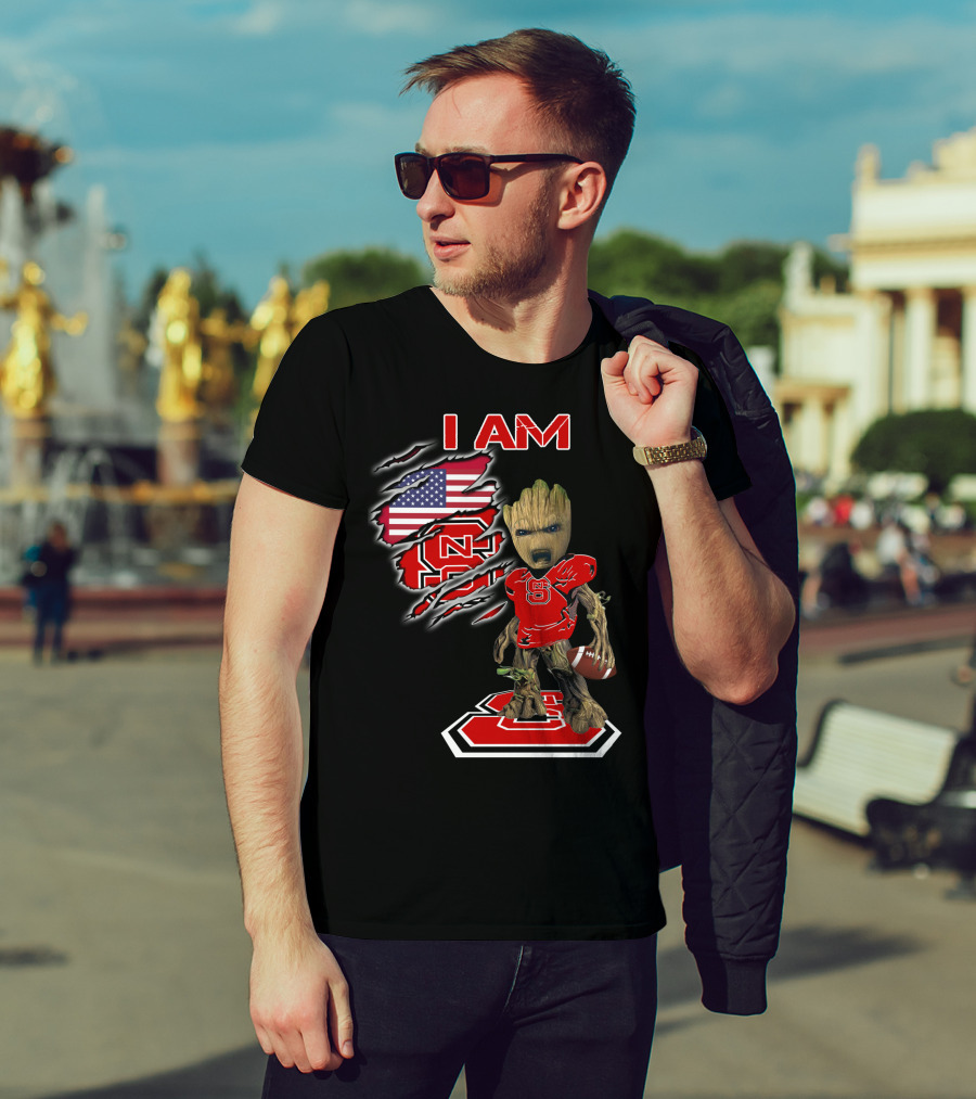 I Am Nc State Baby Groot Football American Flag Usa T-Shirt