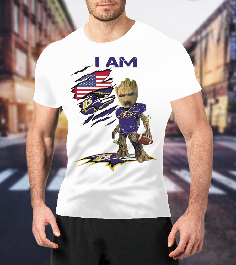 I Am Baby Groot Baltimore Ravens American Flag Football T-Shirt
