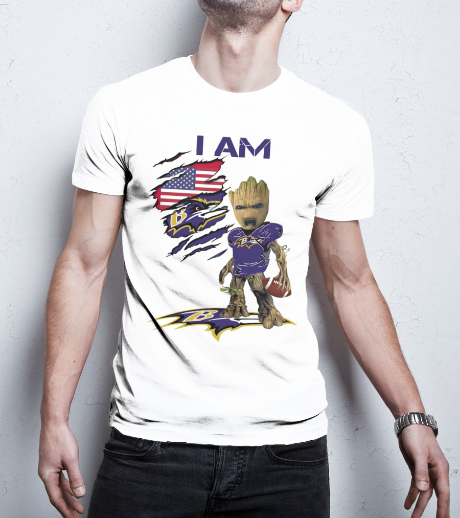 I Am Baby Groot Baltimore Ravens American Flag Football T-Shirt