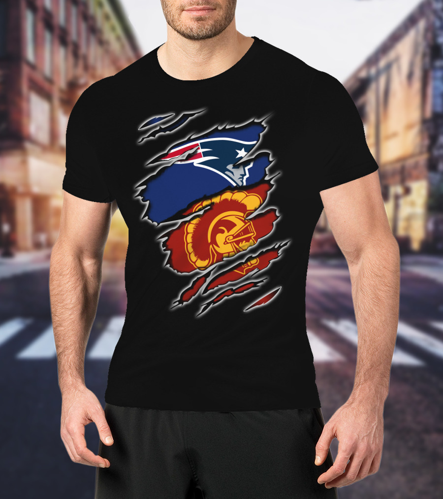 Patriots And Trojans Logo Mashup Ripped T-Shirt