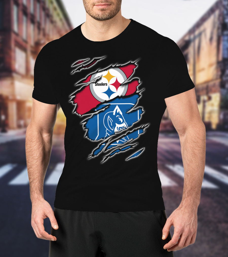 Steelers Duke Blue Devils Ripped Emblem Combination T-Shirt