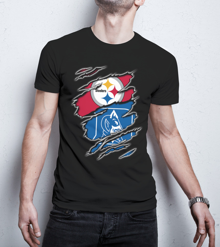 Steelers Duke Blue Devils Ripped Emblem Combination T-Shirt