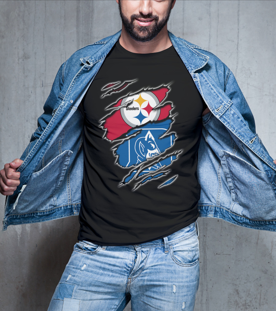 Steelers Duke Blue Devils Ripped Emblem Combination T-Shirt