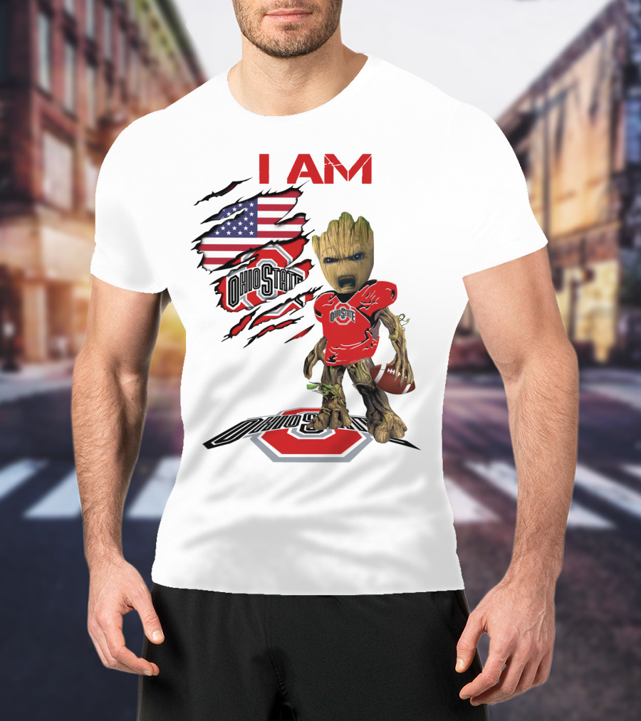 I Am Ohio State Baby Groot Football American Flag T-Shirt