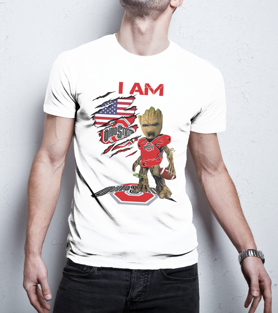 I Am Ohio State Baby Groot Football American Flag T-Shirt