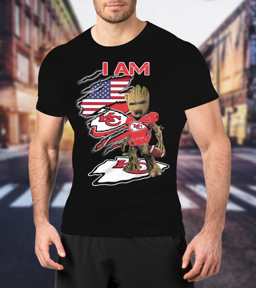 I Am Kc Chiefs Groot American Football Fan Usa Flag T-Shirt