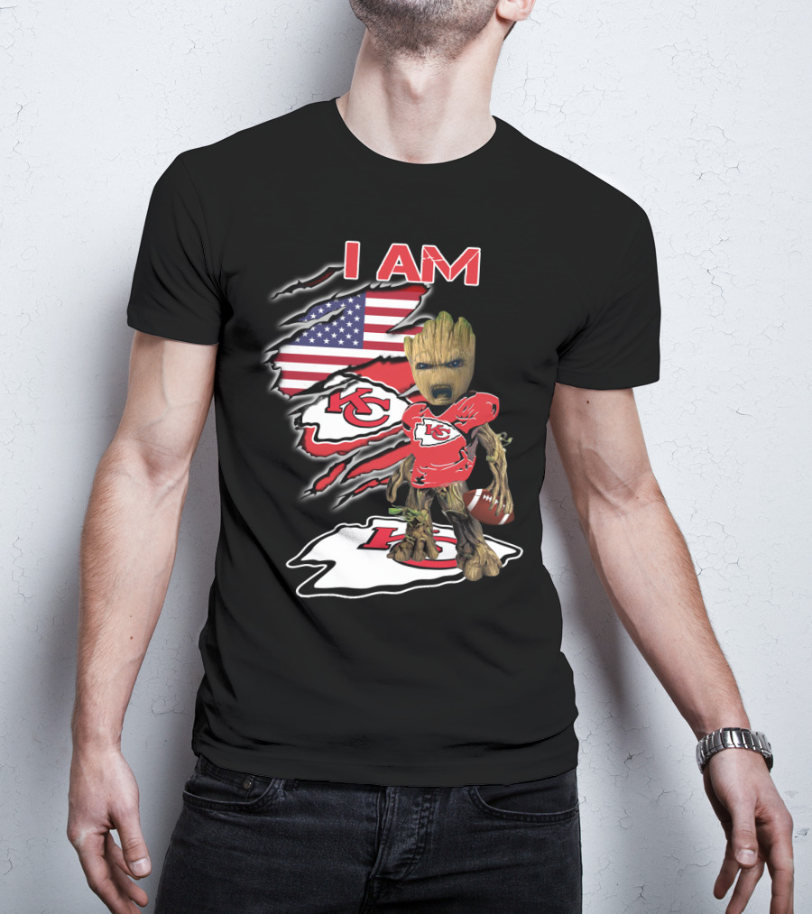 I Am Kc Chiefs Groot American Football Fan Usa Flag T-Shirt