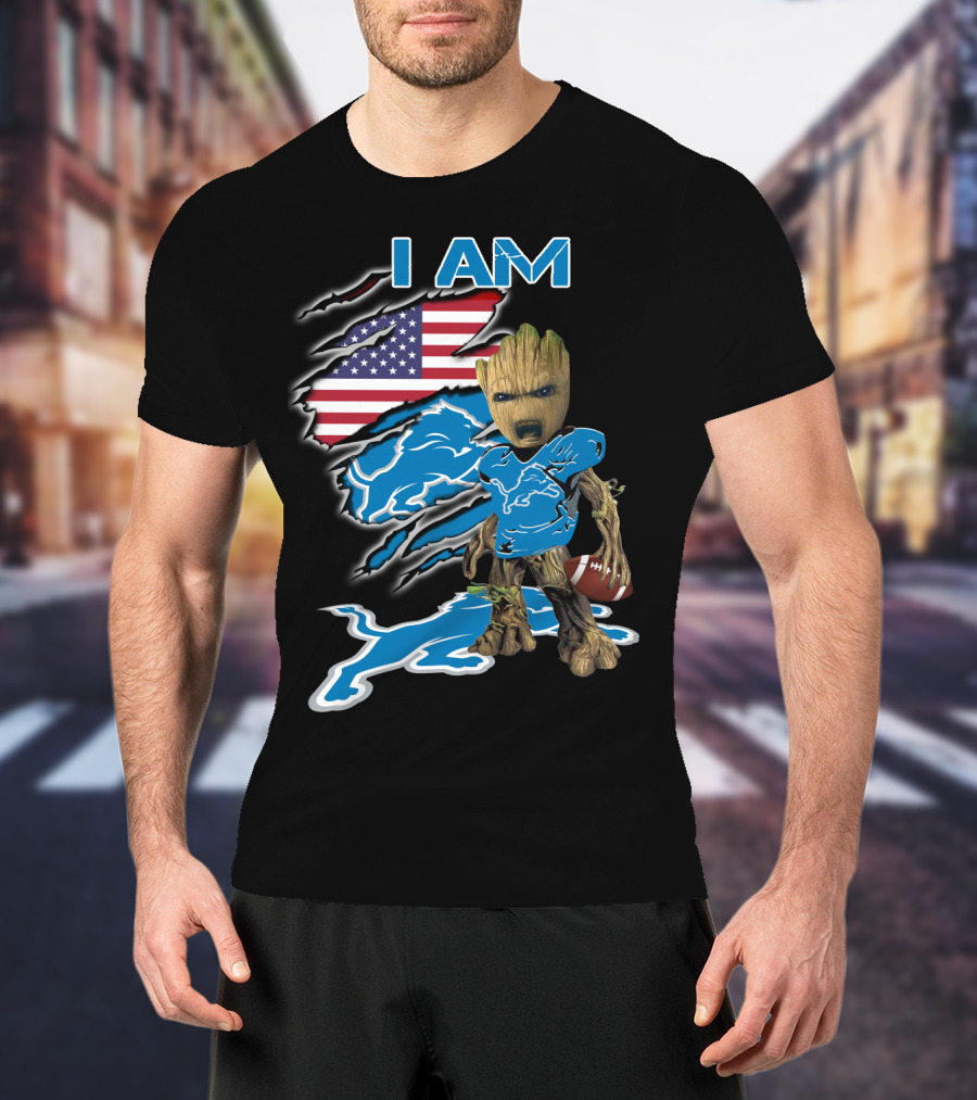 I Am Groot Detroit Lions Fan Football American Flag T-Shirt