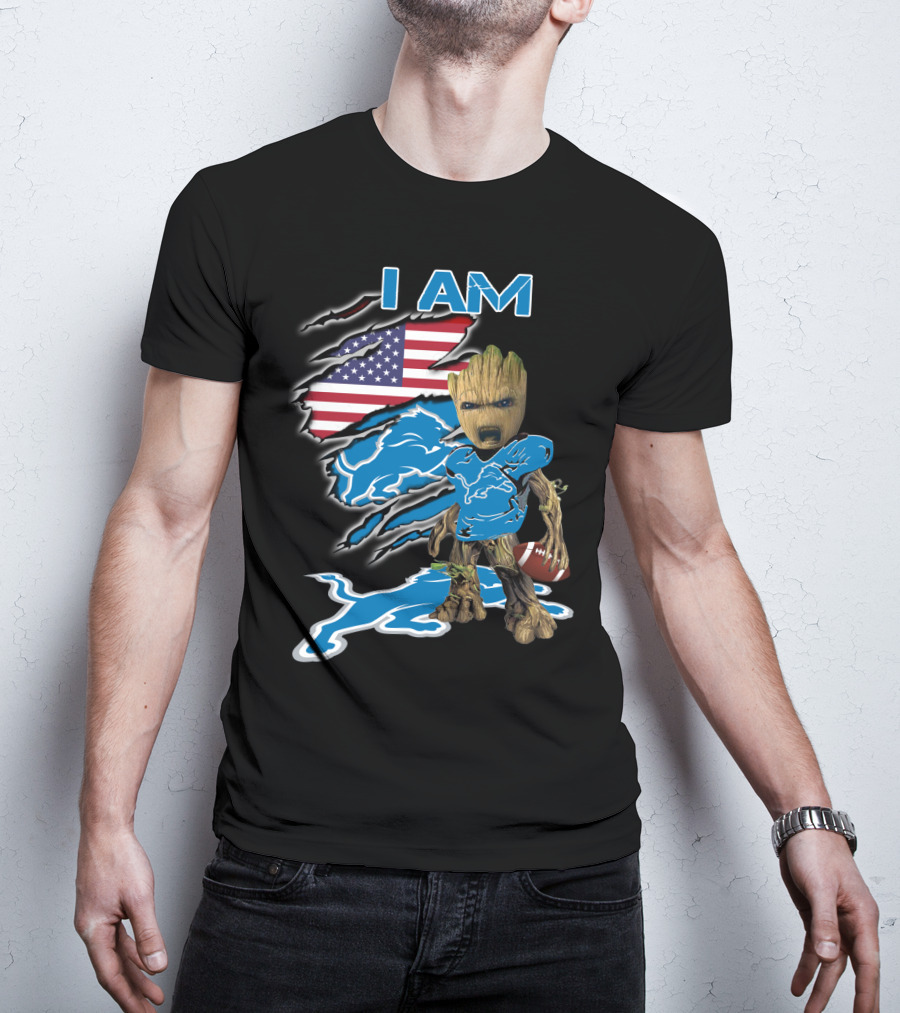 I Am Groot Detroit Lions Fan Football American Flag T-Shirt