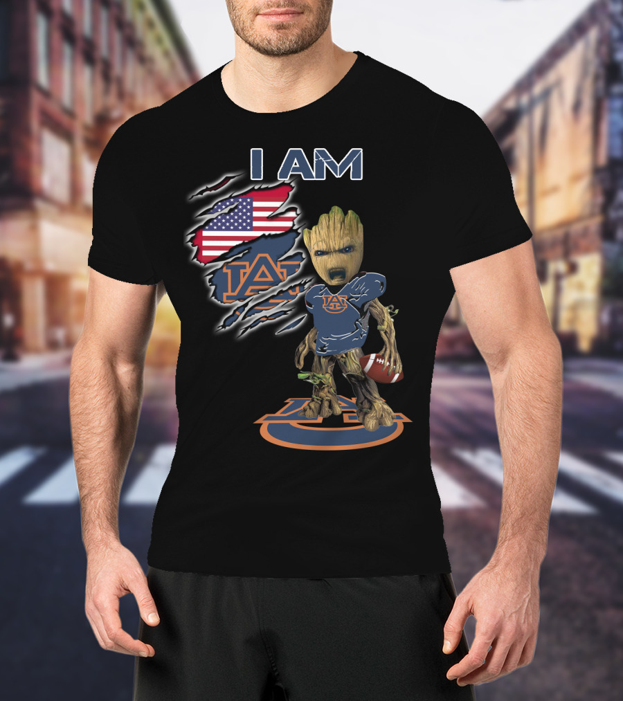 I Am Auburn Groot Football Fan Usa Flag Auburn Logo Football T-Shirt