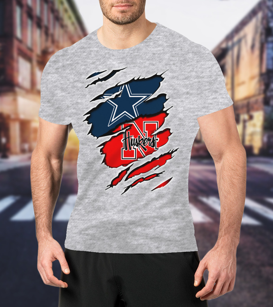 Cowboys Huskers Star Logo Red And Blue Tear T-Shirt