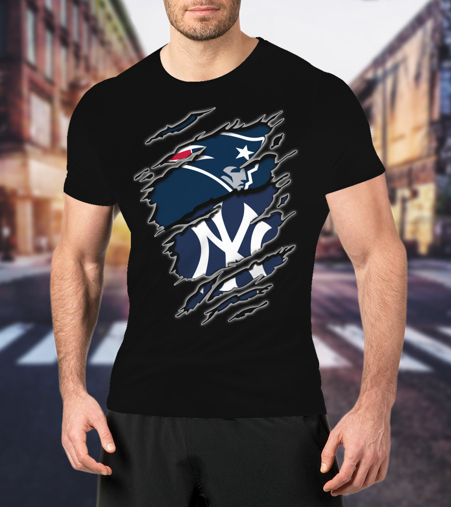 Patriots And Yankees Logo Combined With Ripped Style T-Shirt