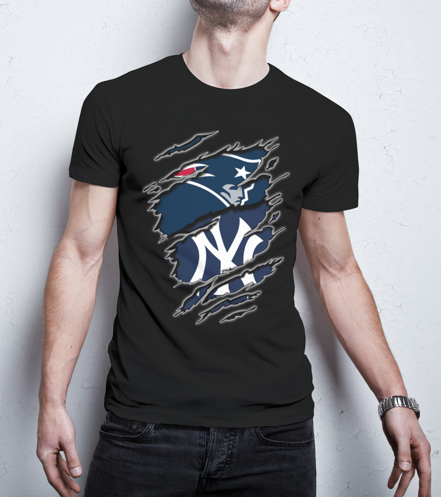 Patriots And Yankees Logo Combined With Ripped Style T-Shirt