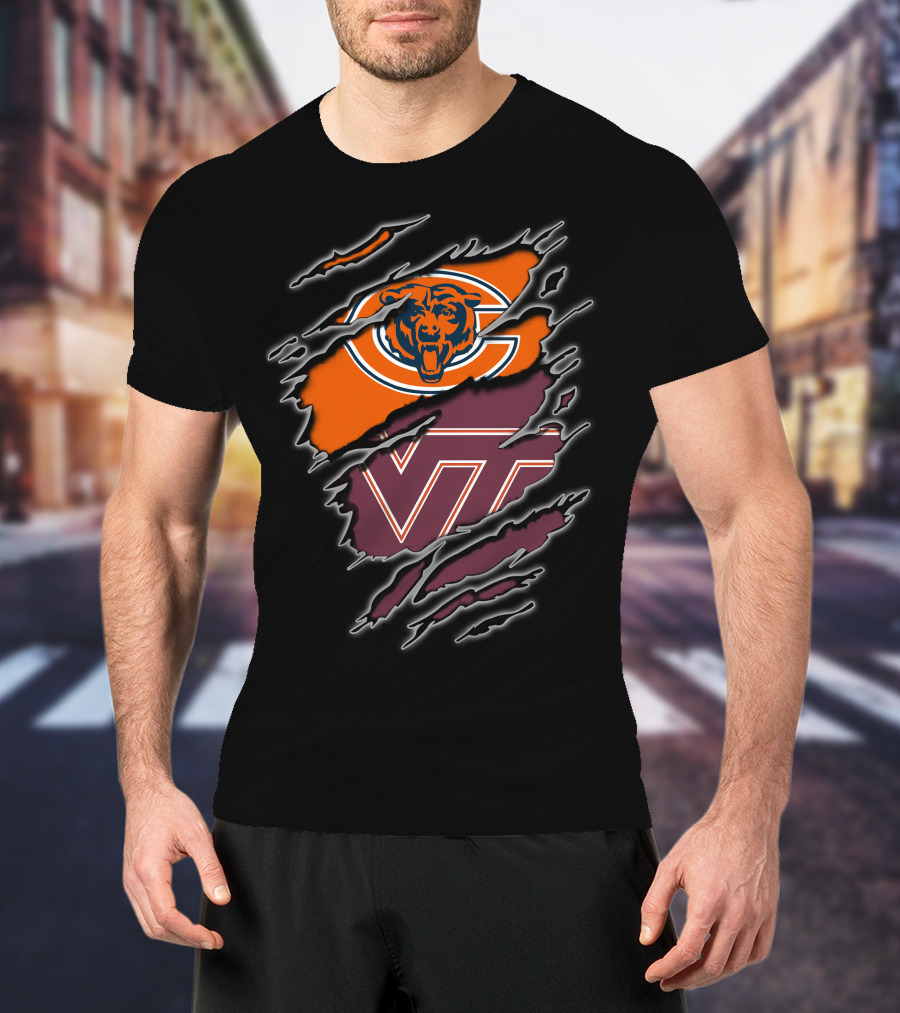 Chicago Bears And Virginia Tech Hokies Rip Claw Logo Fusion T-Shirt