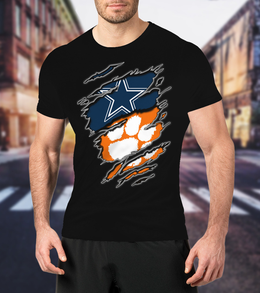 Cowboys Star Paw Clemson Logo Ripped T-Shirt