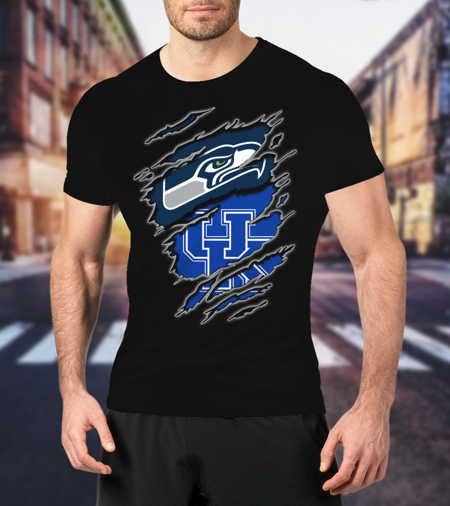 Seahawks Uk Blue Claw Mark Logo Ripped Effect T-Shirt