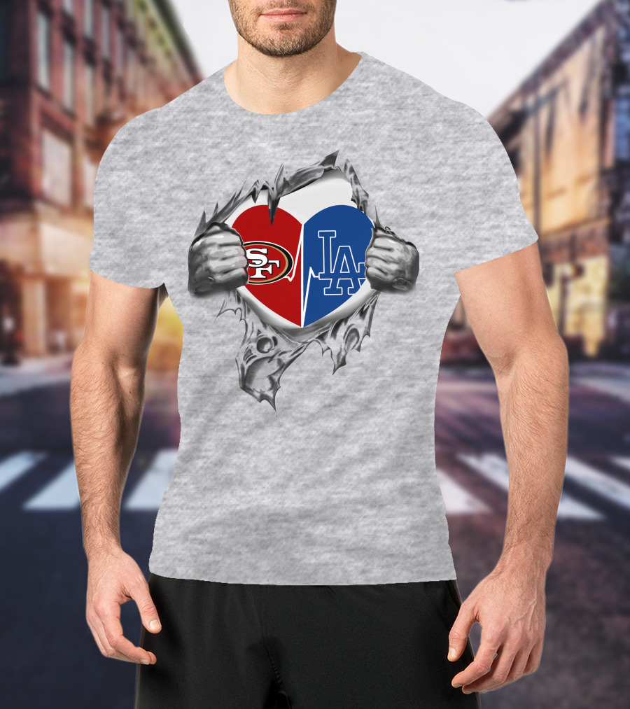 49ers La Dodgers Heart Logo Peeling T-Shirt