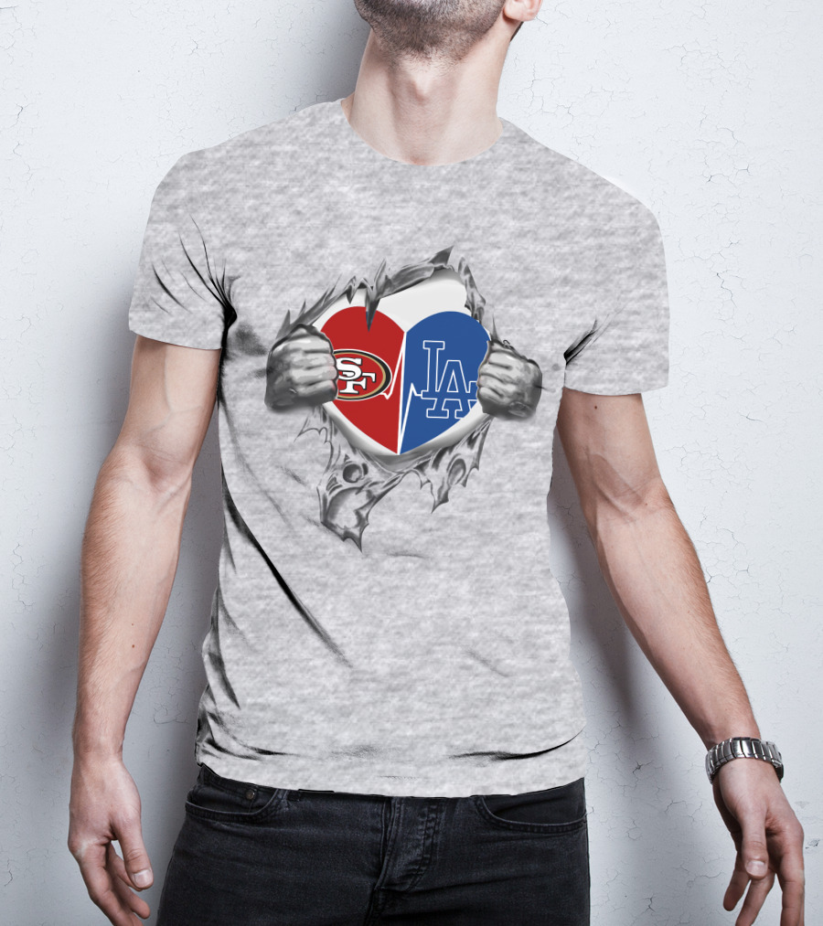 49ers La Dodgers Heart Logo Peeling T-Shirt