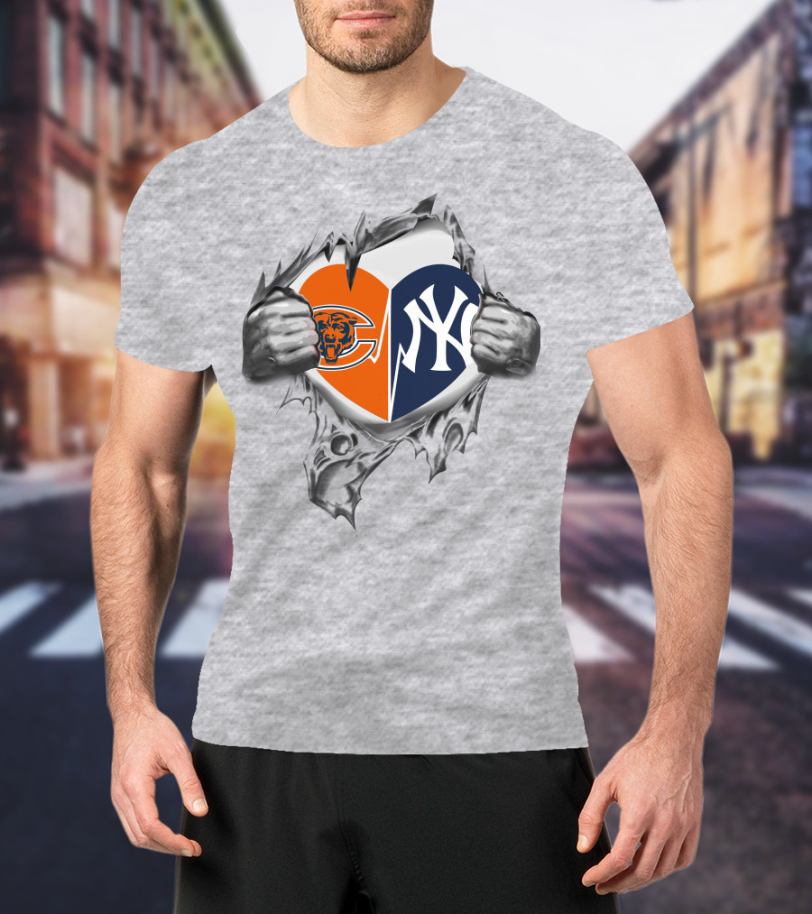 Chicago Bears New York Yankees Split Heart Rip T-Shirt