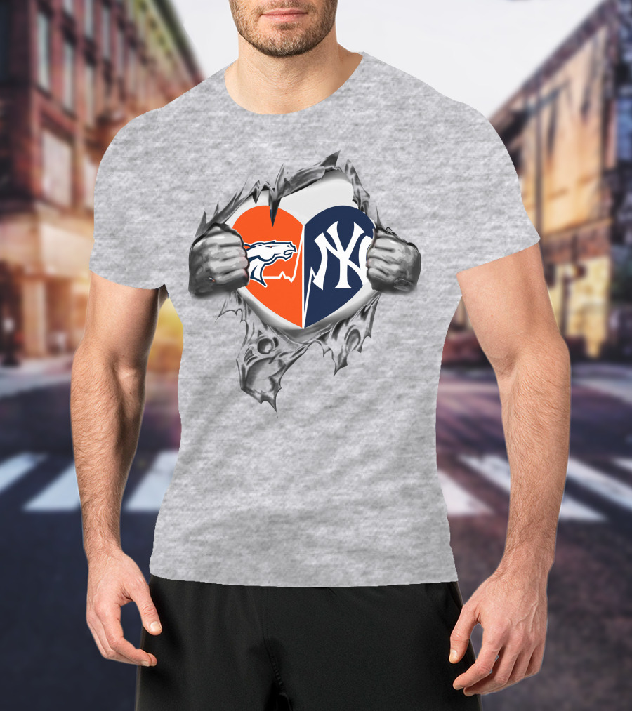Broncos And Yankees Heart Split Design With Iconic Logo Mesh Tear Elements T-Shirt