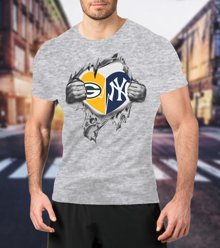Packers Yankees Heart Split Logo Fusion T-Shirt