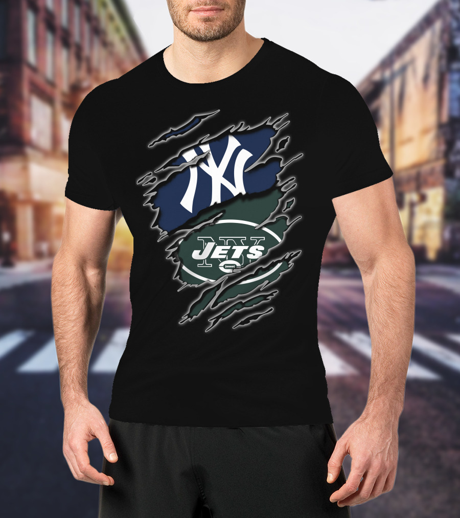 Yankees Jets Dual Logo Graphic With Torn Effect T-Shirt