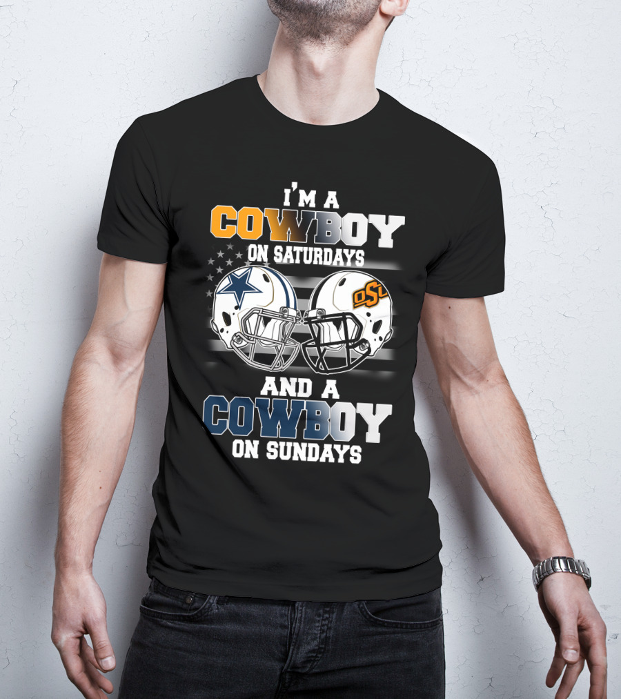 I'm A Cowboy Osu On Saturdays And A Cowboy On Sundays Football Helmets American Flag T-Shirt