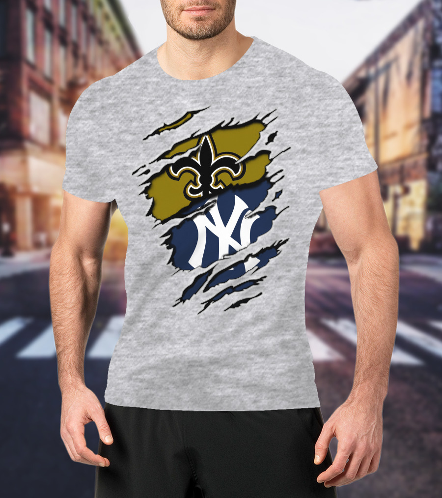 Saints Yankees Fleur-de-Lis And Interlocking NY Symbol Torn T-Shirt