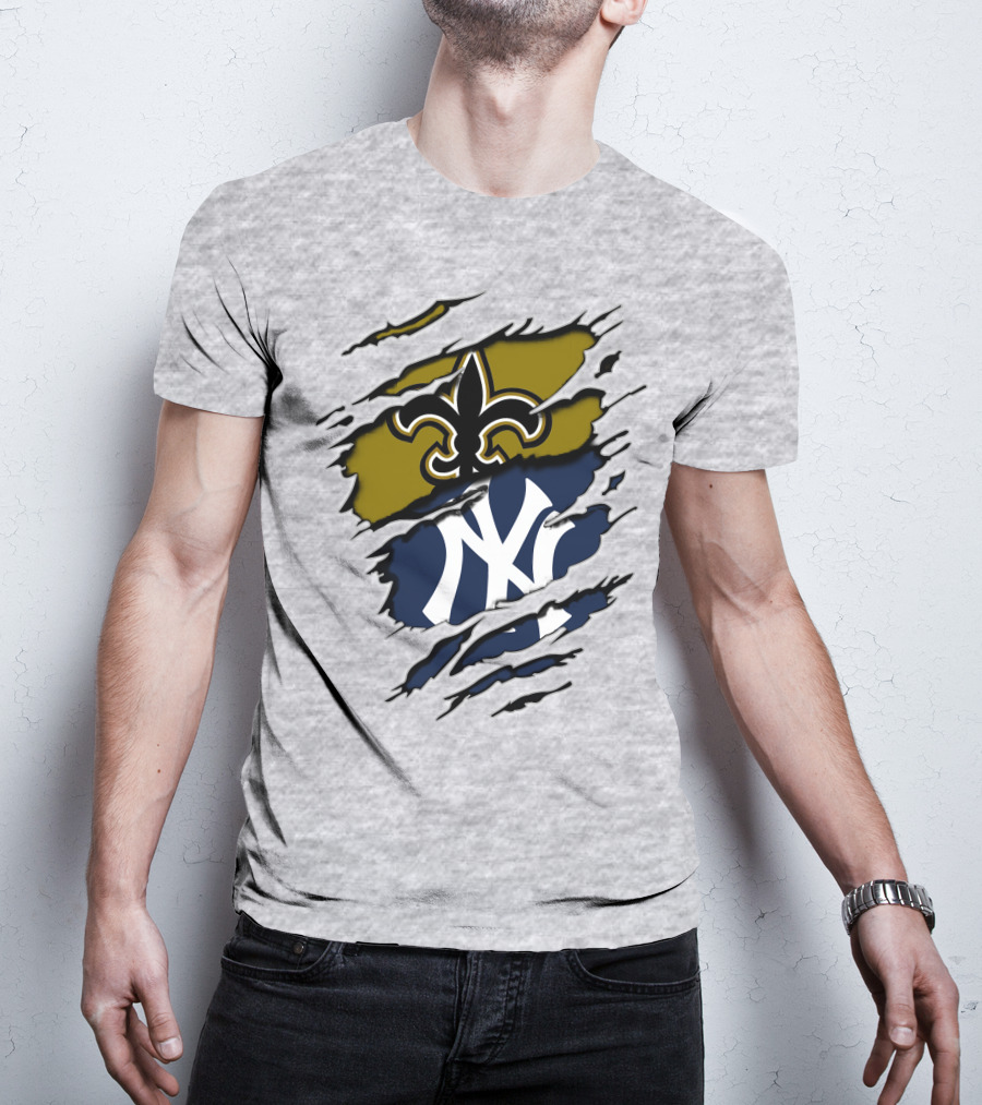 Saints Yankees Fleur-de-Lis And Interlocking NY Symbol Torn T-Shirt