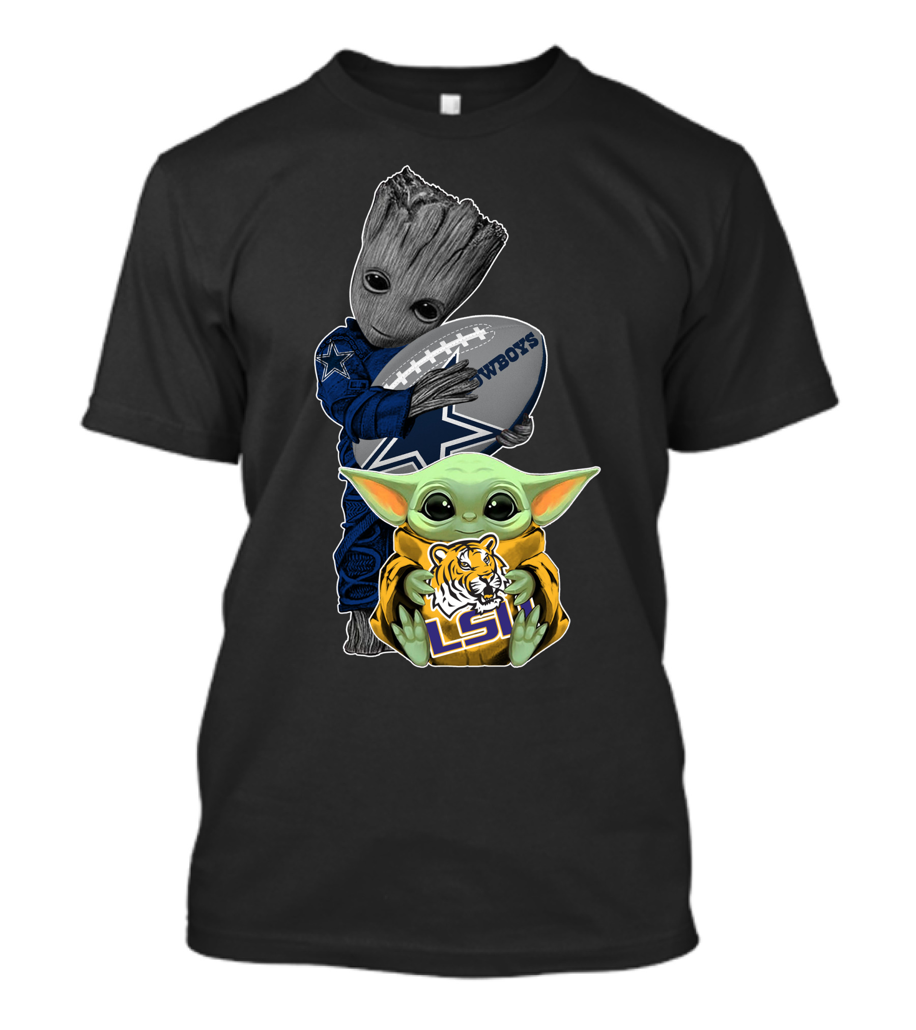 Groot Holding Cowboys Football With Baby Yoda In Lsu Attire T-Shirt