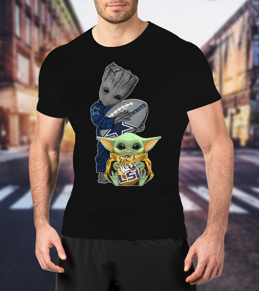 Groot Holding Cowboys Football With Baby Yoda In Lsu Attire T-Shirt