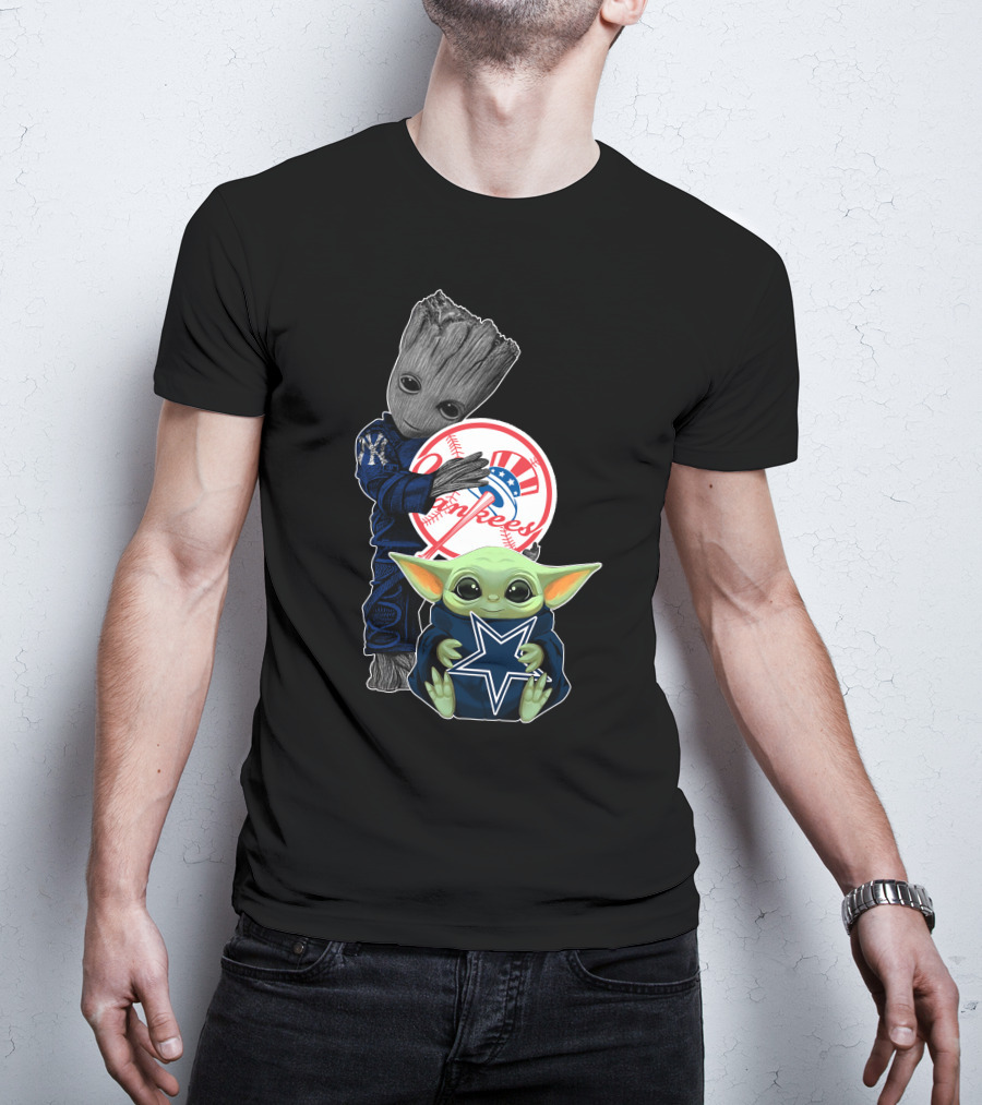 Groot And Baby Yoda With Yankees And Cowboys Logos T-Shirt
