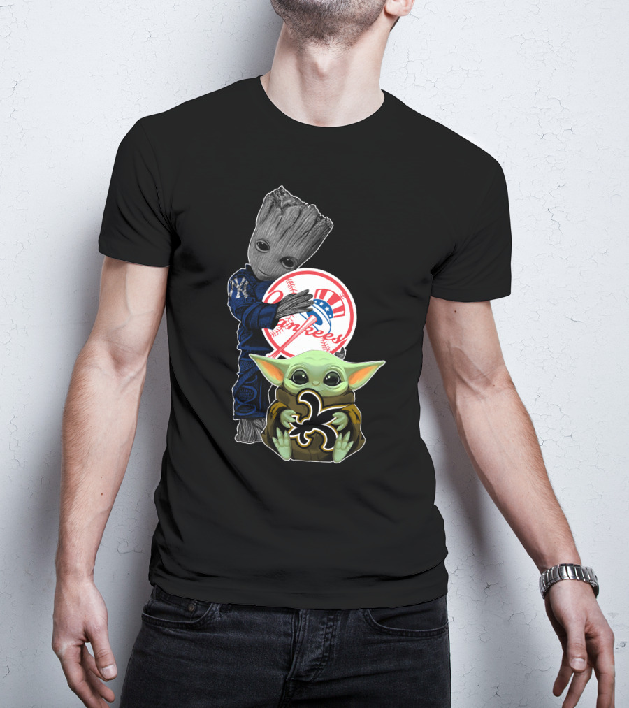 Yankees Groot Baby Yoda Saints Fleur-De-Lis T-Shirt