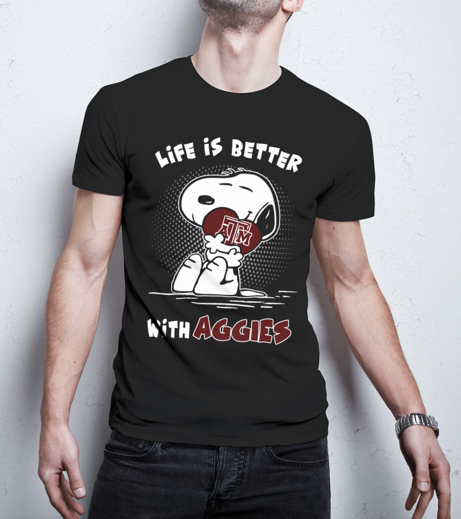 Life Is Better With Aggies Texas A&M Snoopy Hugging Football T-Shirt