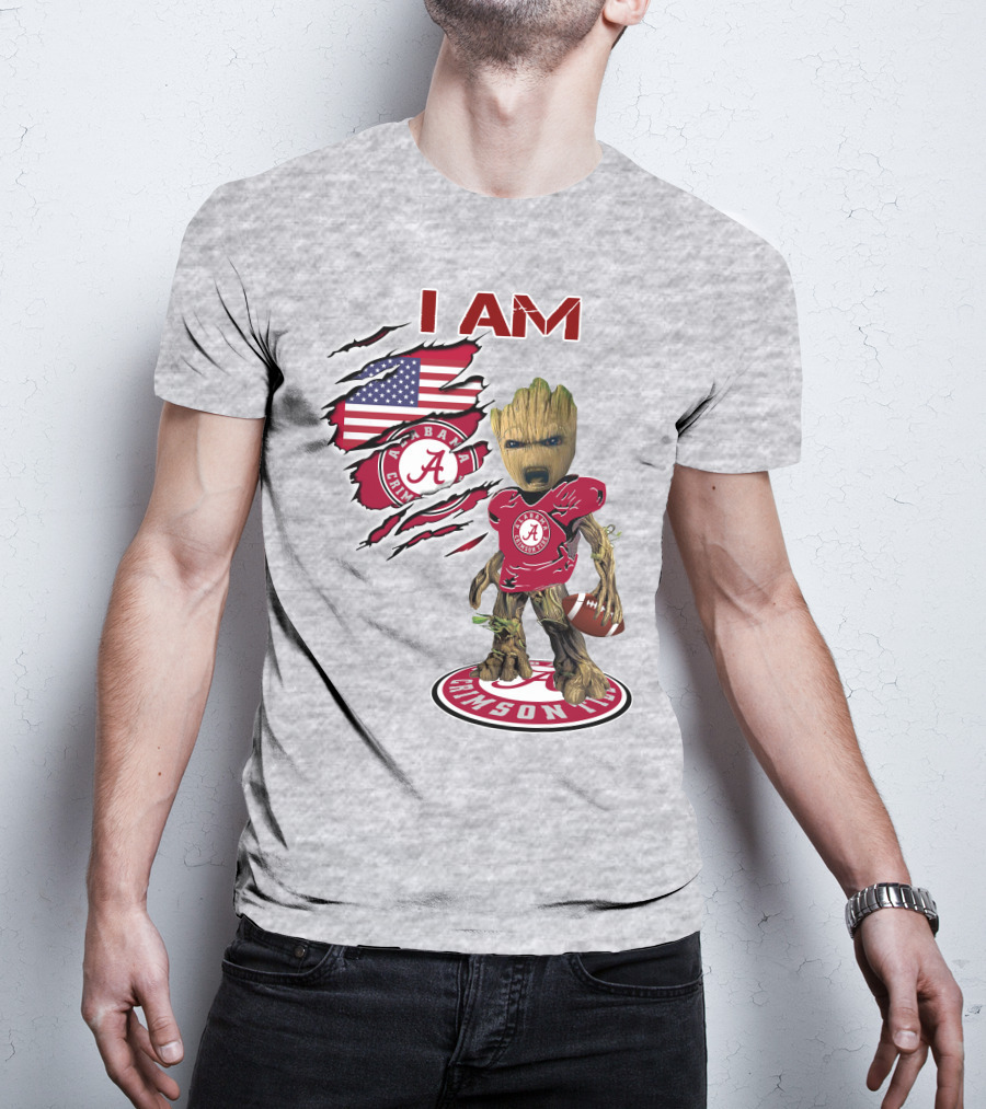 I Am Alabama Crimson Tide Baby Groot Football T-Shirt