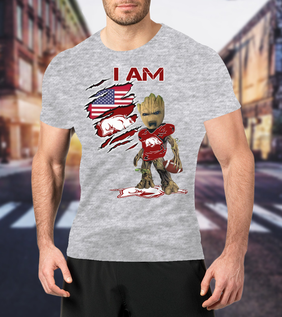 I Am Arkansas Baby Groot Razorbacks Football USA Flag T-Shirt