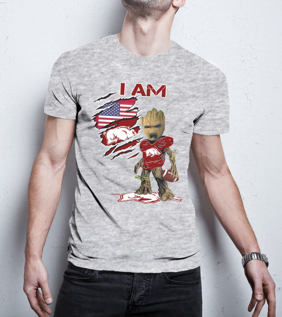 I Am Arkansas Baby Groot Razorbacks Football USA Flag T-Shirt