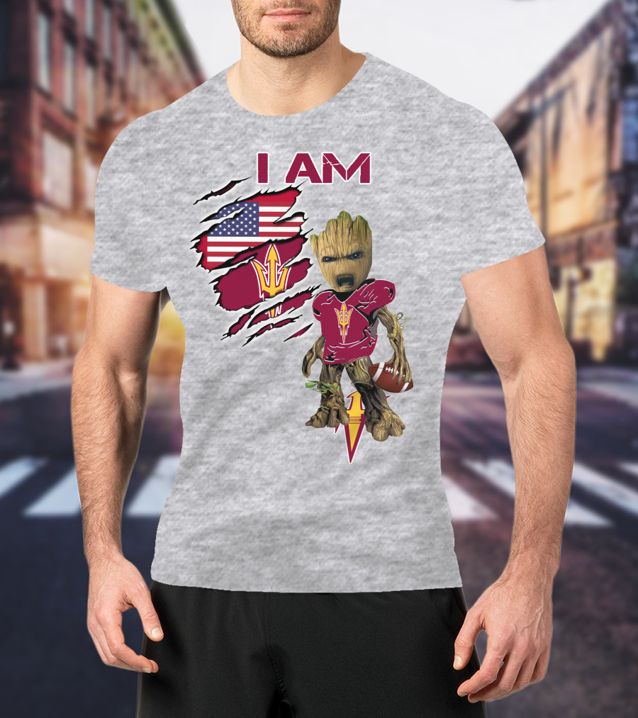 I Am Asu Baby Groot Arizona State University Football Fan Art American Flag T-Shirt