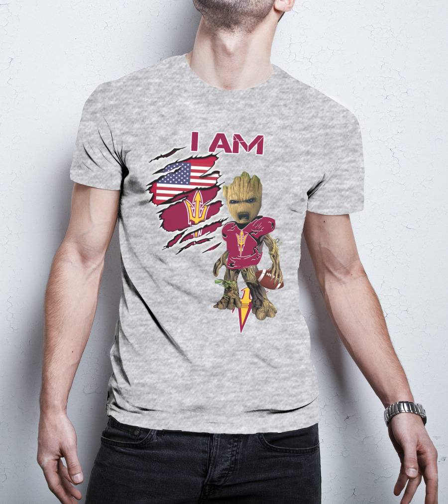 I Am Asu Baby Groot Arizona State University Football Fan Art American Flag T-Shirt