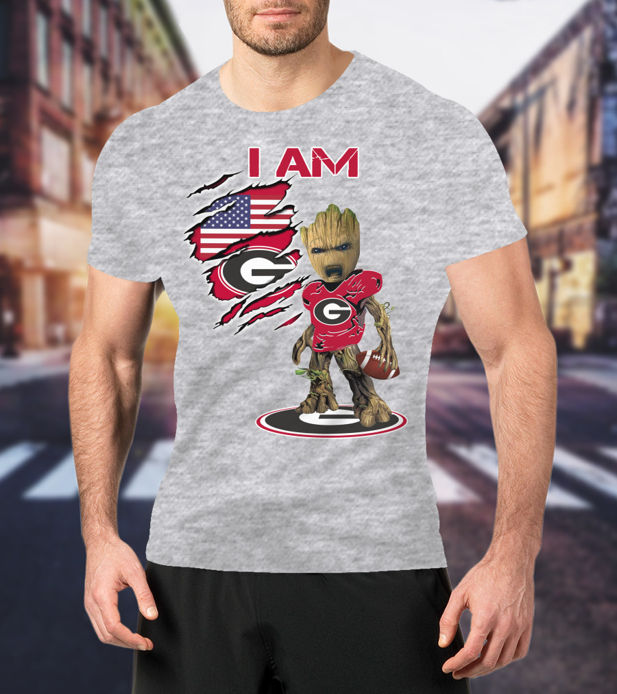 I AM Bulldogs Baby Groot Football Fan USA Flag T-Shirt