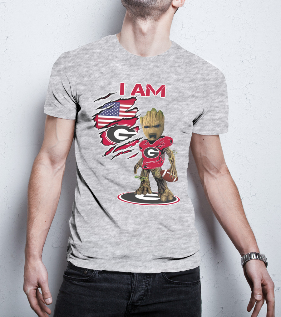 I AM Bulldogs Baby Groot Football Fan USA Flag T-Shirt