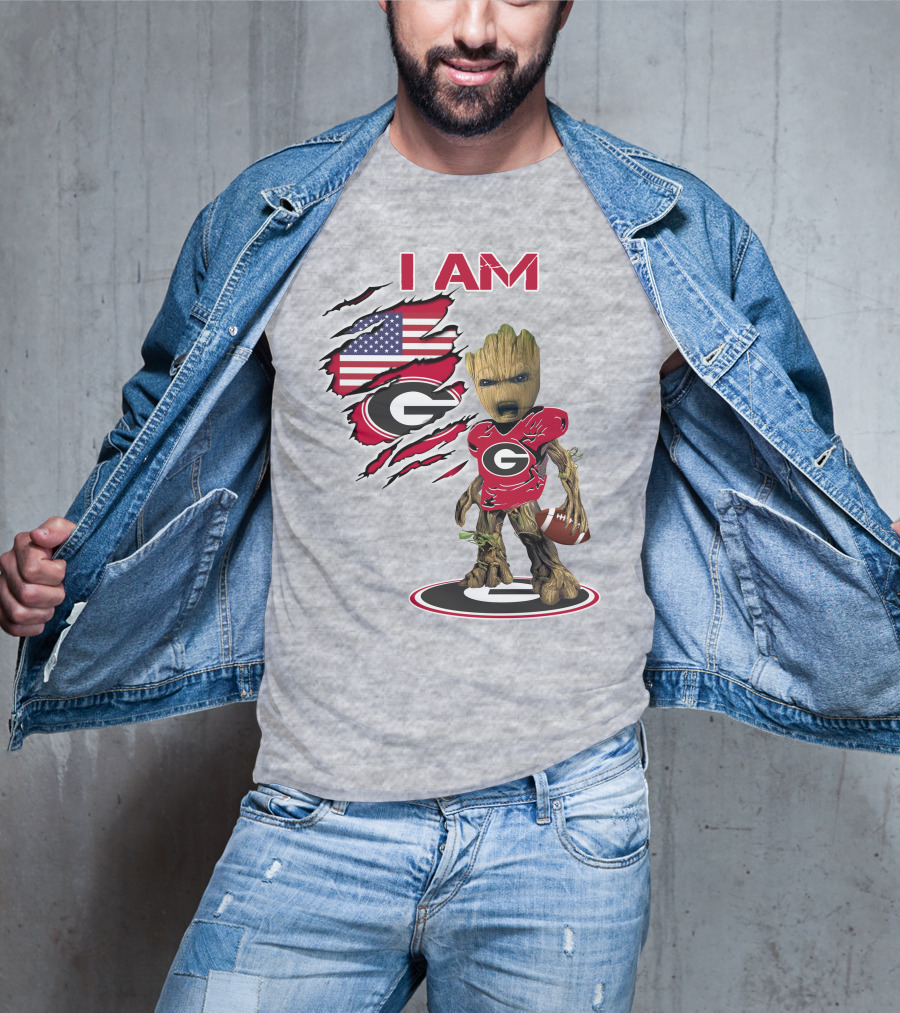 I AM Bulldogs Baby Groot Football Fan USA Flag T-Shirt