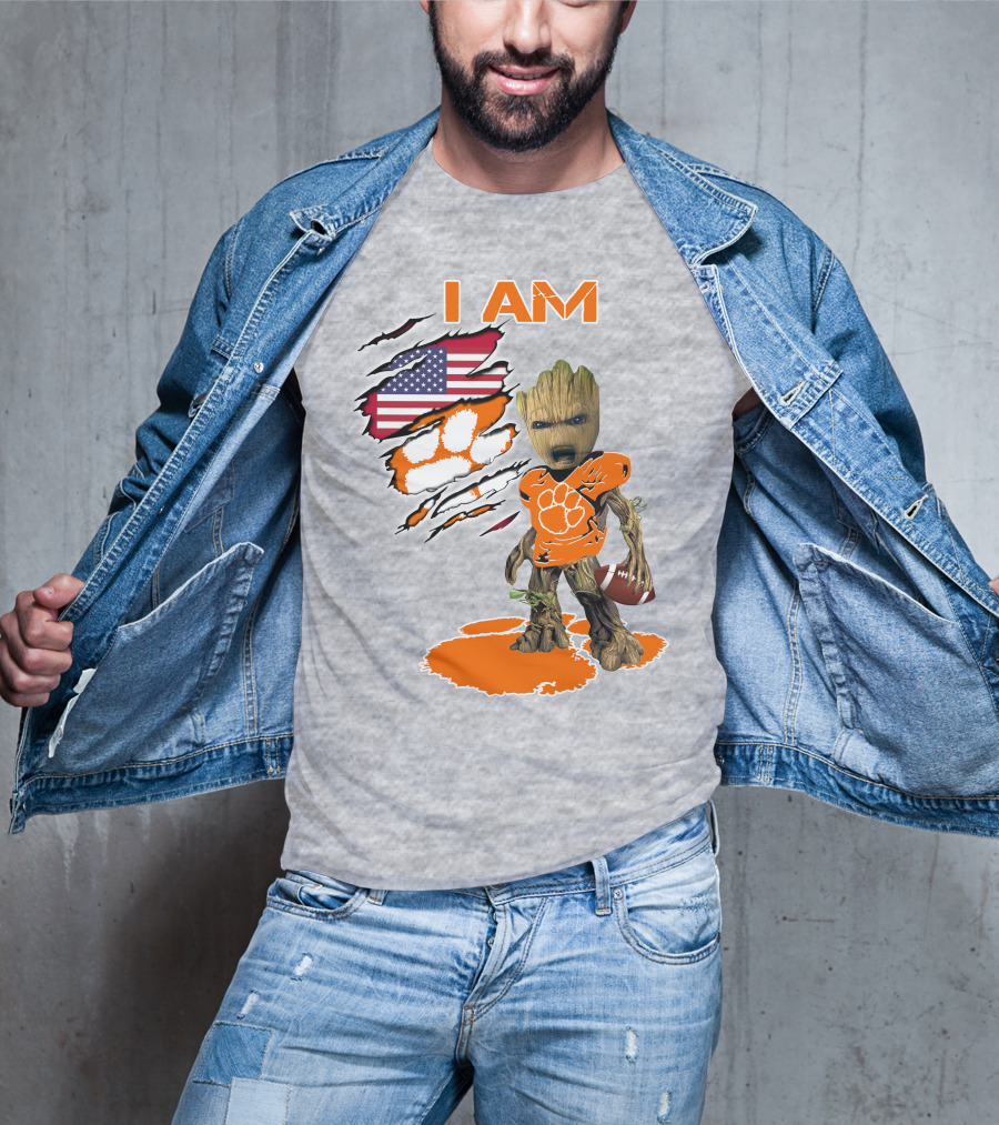 I AM Clemsons Baby Groot American Flag Football Paw Prints T-Shirt