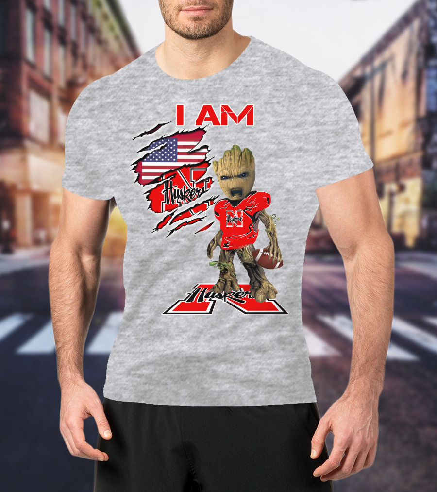 I Am Husker Baby Groot Football USA Flag T-Shirt