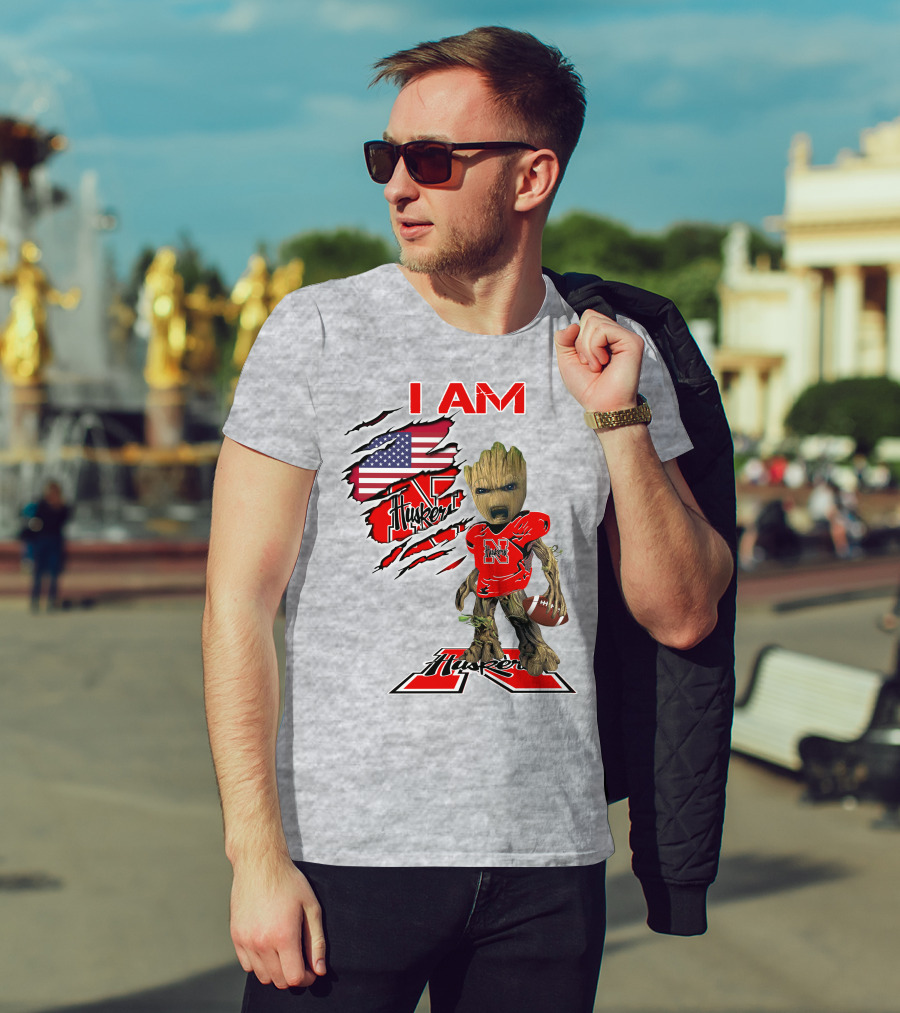 I Am Husker Baby Groot Football USA Flag T-Shirt