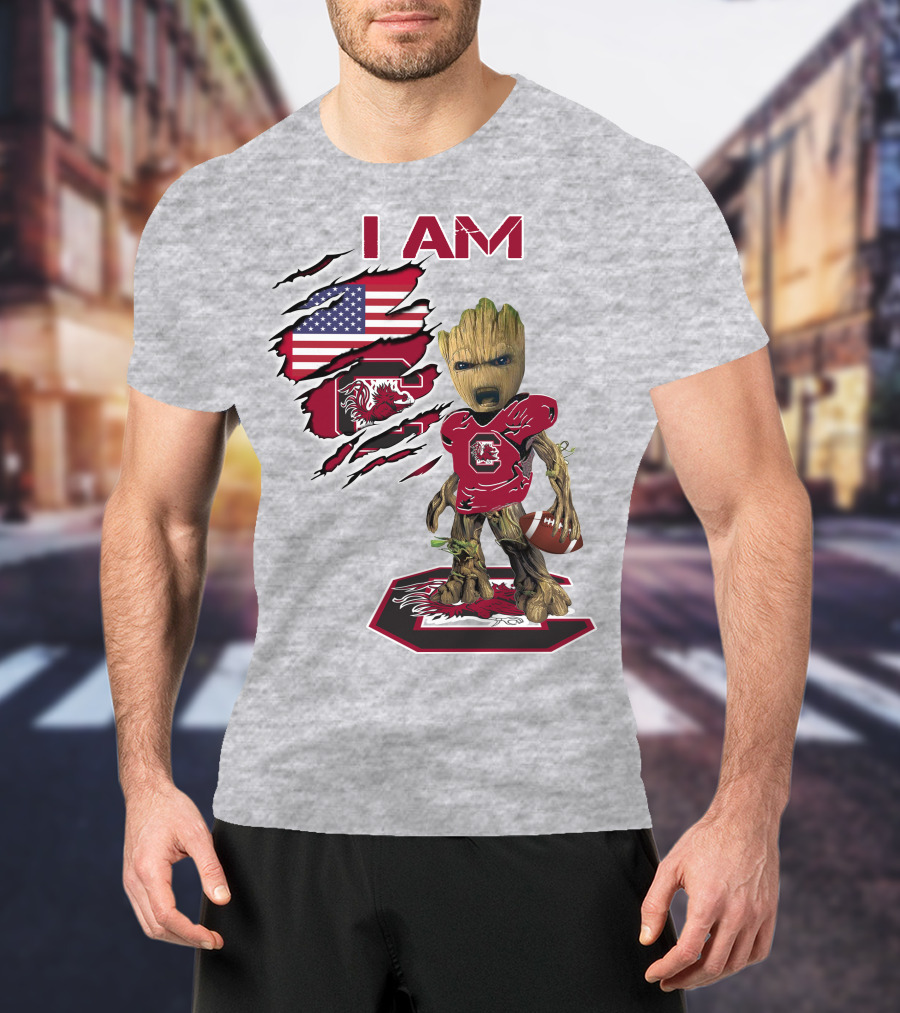 I Am Gamecocks Baby Groot Football American Flag T-Shirt