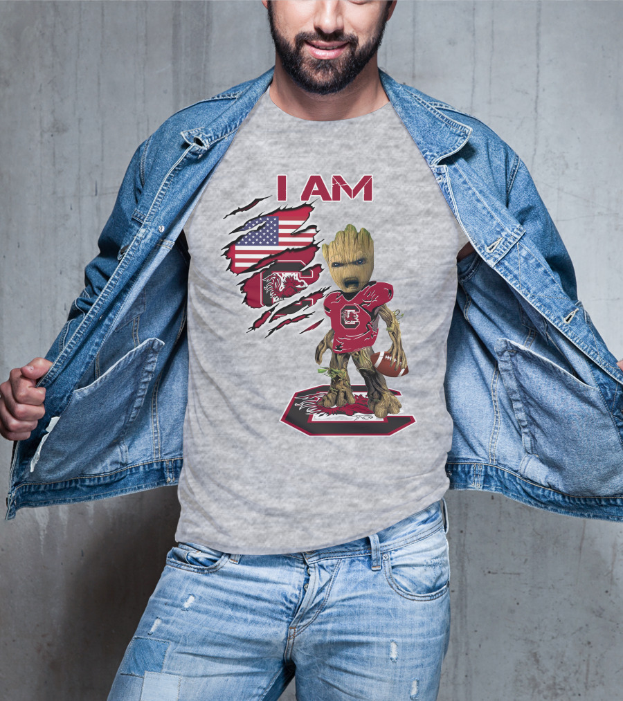 I Am Gamecocks Baby Groot Football American Flag T-Shirt