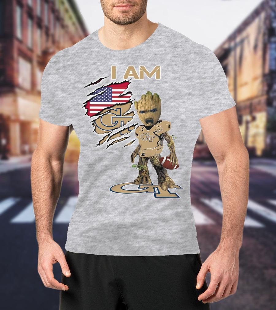 I Am Georgia Tech GT Baby Groot American Flag Football T-Shirt