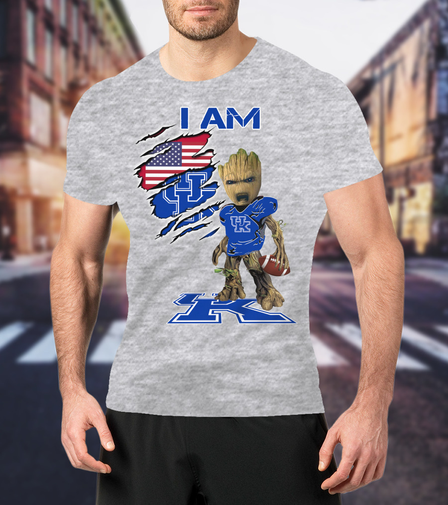 I AM Kentucky Baby Groot Football UK Logo American Flag T-Shirt